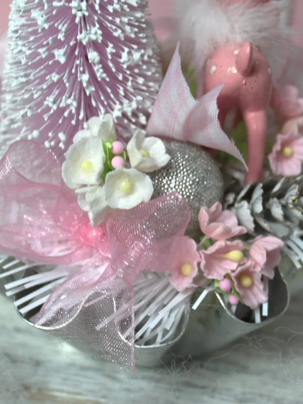 Pink Deer Christmas Assemblage: Bottle Brush Trees in Vintage Tart Tin